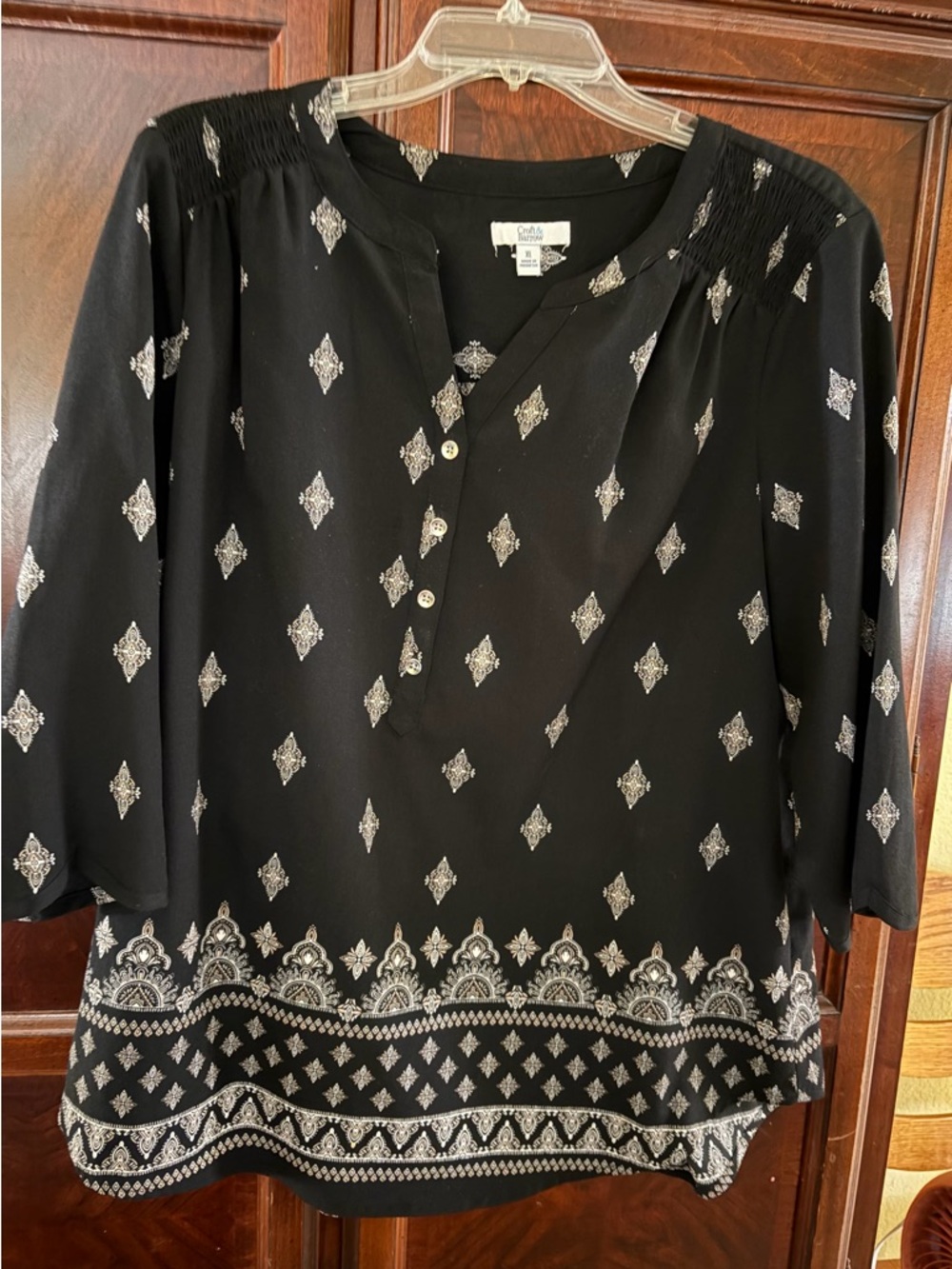 croft & barrow Black Blouse with Cream and White Print